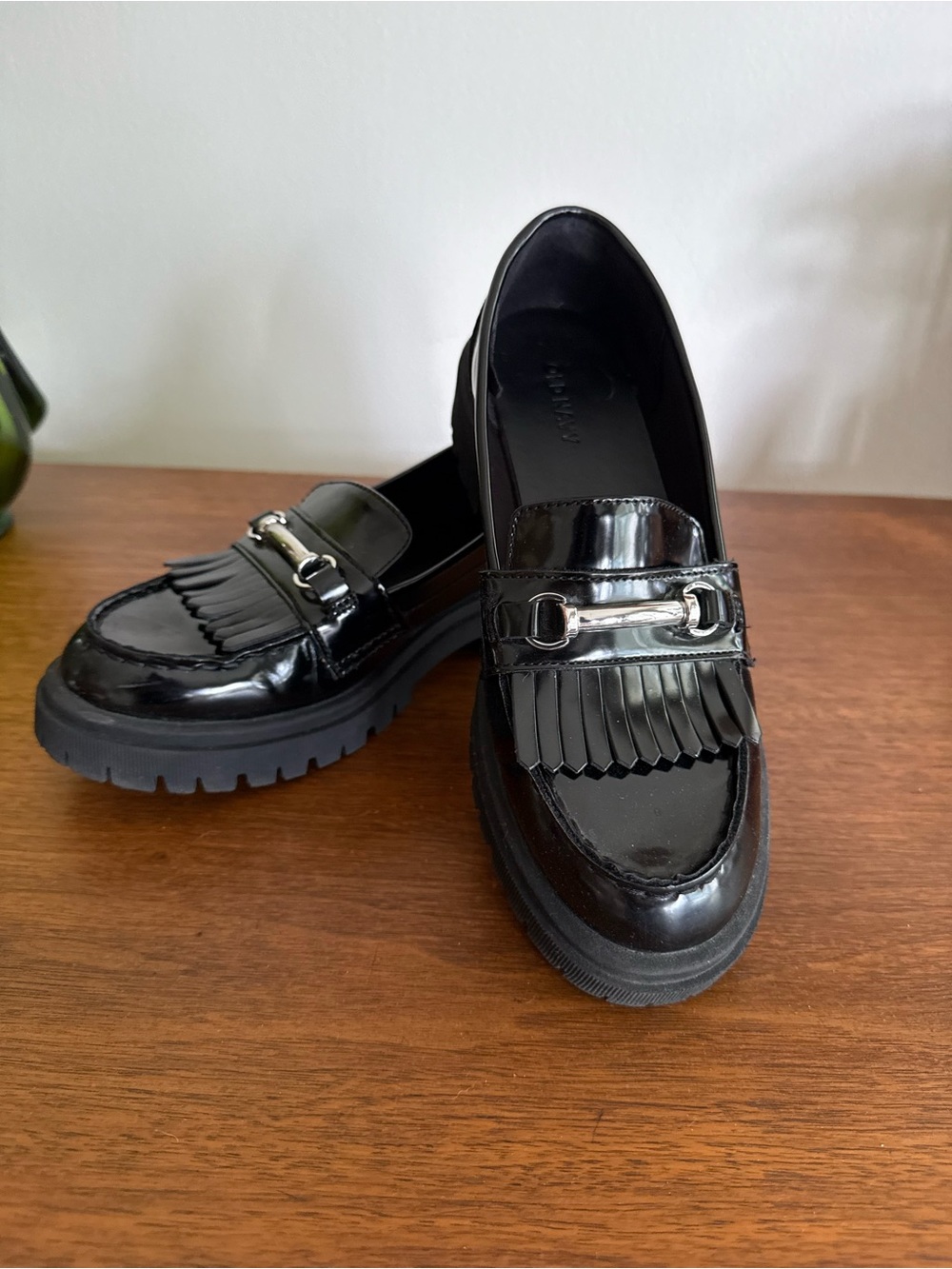 Old Navy Black Patent Fringe Loafers with Silver Hardware